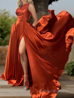 A-Line/Princess One-Shoulder Sweep Train Silk like Satin Prom Dresses With Leg Slit