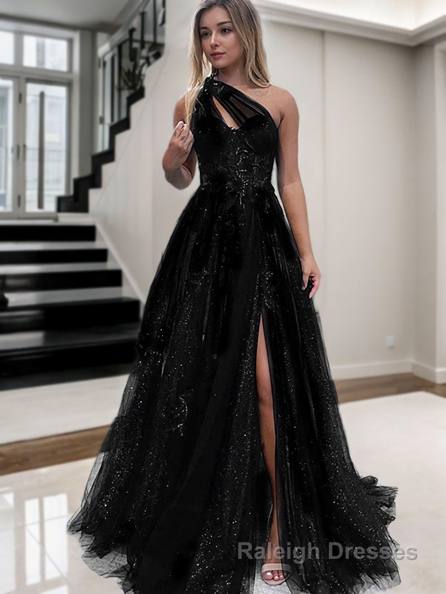 A Line One Shoulder Sweep Train Tulle Prom Dresses With Leg Slit Main image