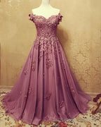 A-Line /Princess Prom Dress Tulle Off The Shoulder Lace Embroidery