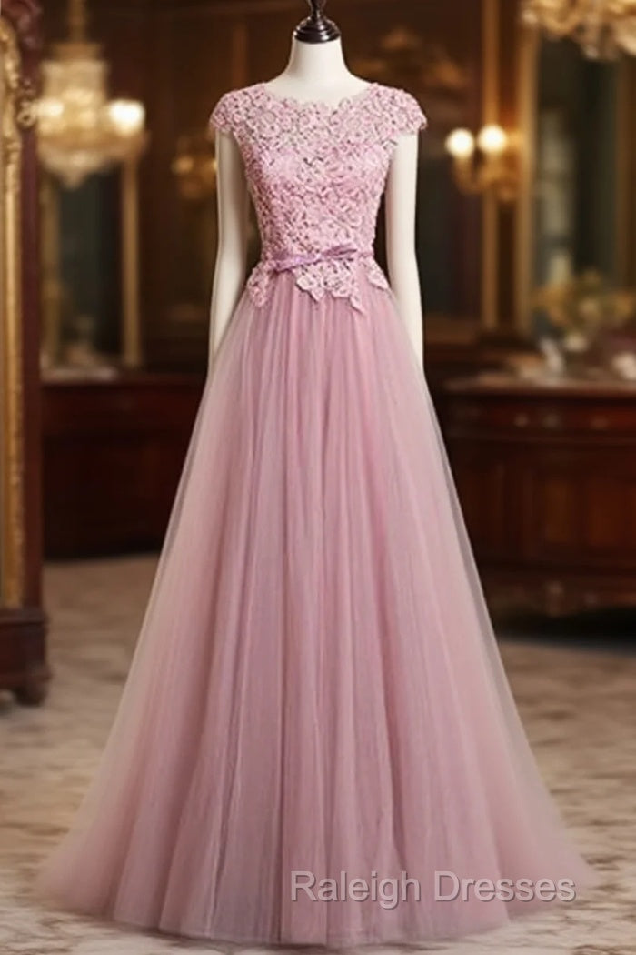 A-Line/Princess Sash Tulle Floor-Length Lace Prom Dresses Main image