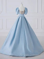 A-Line Princess Satin Blue Prom Dresses Long Quinceanera Dresses Elegant Prom Dresses