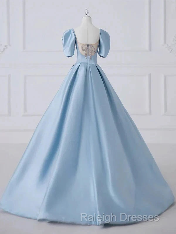 A-Line Princess Satin Blue Prom Dresses Long Quinceanera Dresses Elegant Prom Dresses