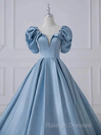A-Line Princess Satin Blue Prom Dresses Long Quinceanera Dresses Elegant Prom Dresses