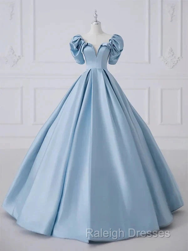 A-Line Princess Satin Blue Prom Dresses Long Quinceanera Dresses Elegant Prom Dresses