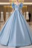 A-Line Princess Satin Blue Long Prom Dress Quinceanera Dress Elegant Evening Dress