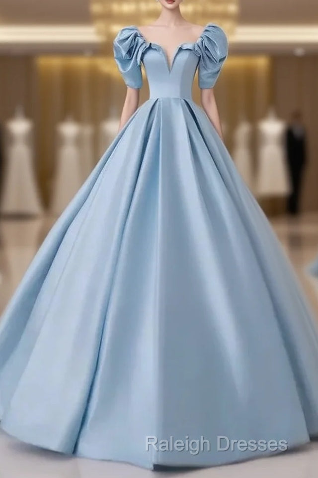 A-Line Princess Satin Blue Prom Dresses Long Quinceanera Dresses Elegant Prom Dresses