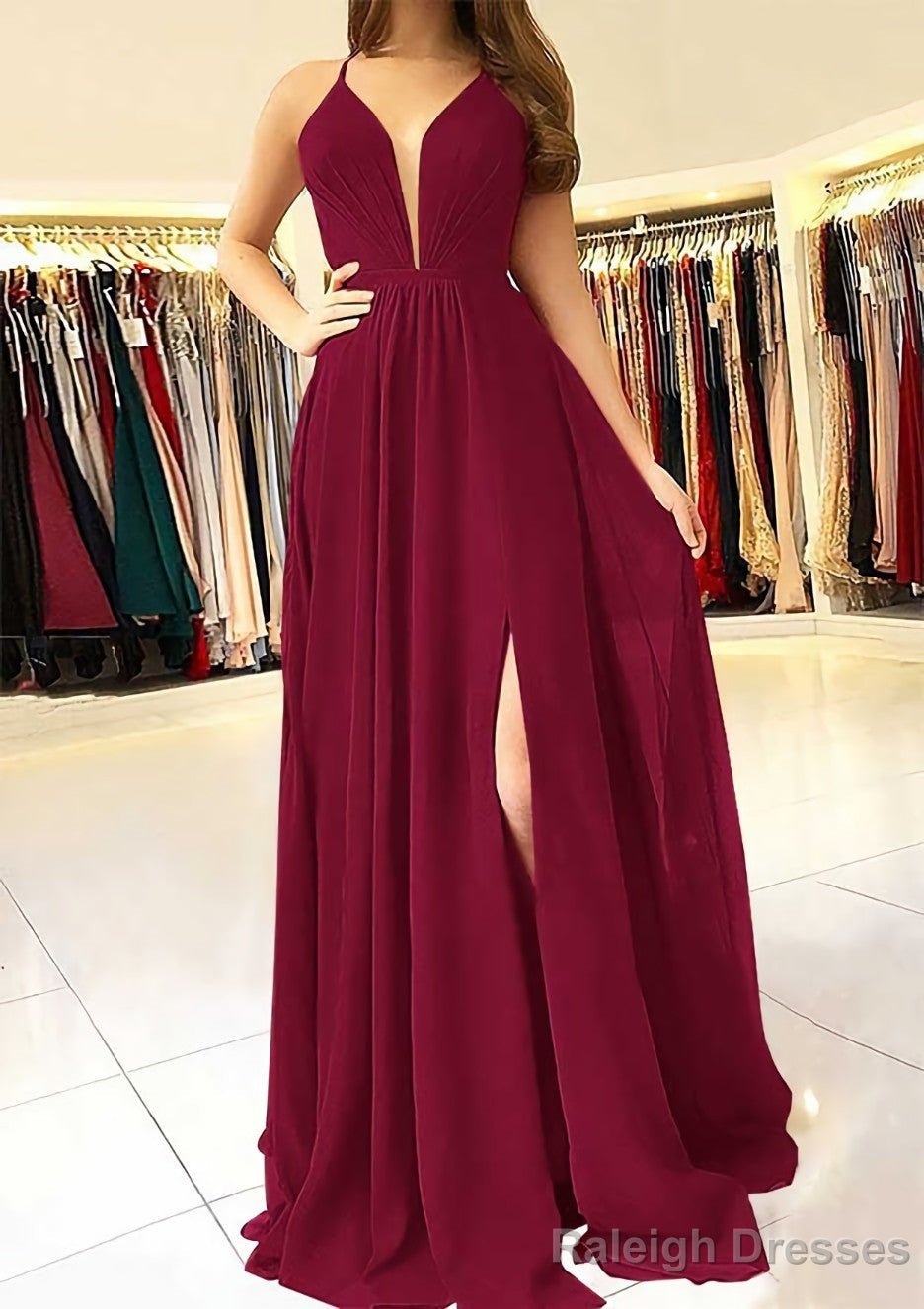 A Line Scalloped Neck Sleeveless Long Dress Floor Length Chiffon Prom Dress With Split