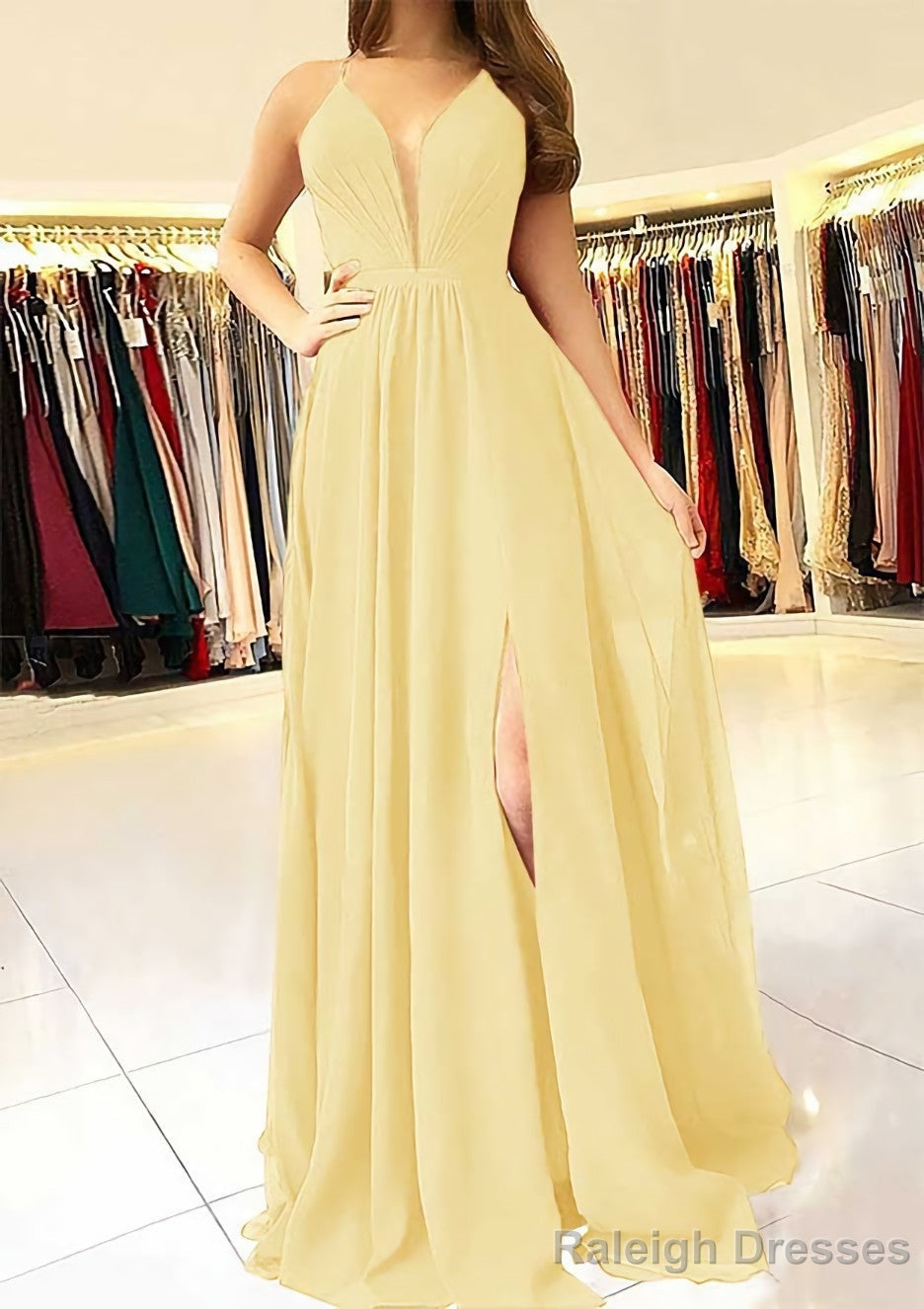 A Line Scalloped Neck Sleeveless Long Dress Floor Length Chiffon Prom Dress With Split