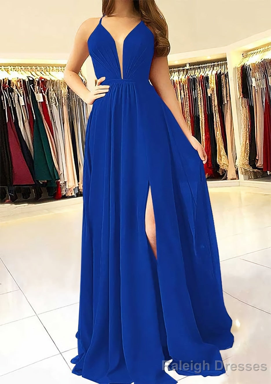 A Line Scalloped Neck Sleeveless Long Dress Floor Length Chiffon Prom Dress With Split