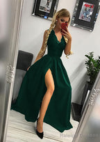 A Line Scalloped Neck Sleeveless Long Dress Floor Length Elastic Satin Prom Dress With Lace Split