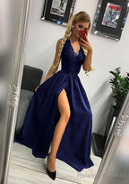 A-line/Princess Scalloped Neck Sleeveless Long/Floor-Length Elastic Satin Prom Dresses With Lace Split