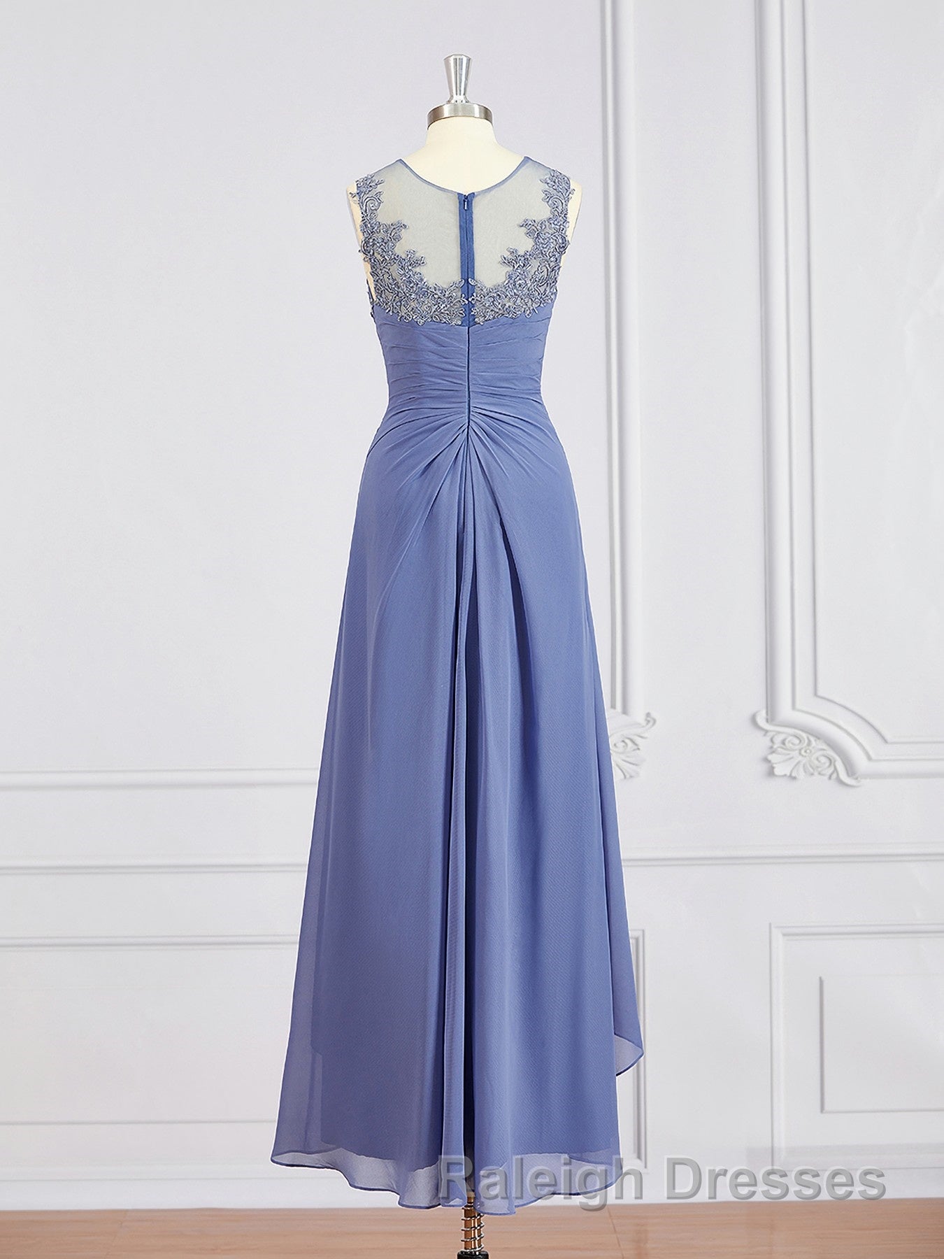 A Line Scoop Asymmetrical Chiffon Mother of the Bride Dress With Appliques Lace
