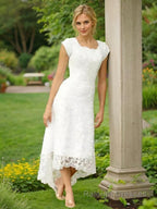 A-Line/Princess Scoop Asymmetrical Lace Wedding Dresses
