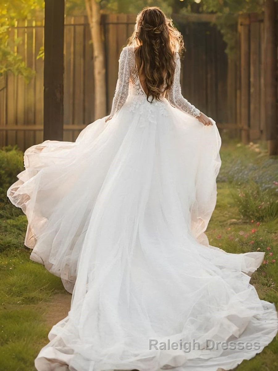 A Line Scoop Cathedral Train Tulle Wedding Dresses With Appliques Lace