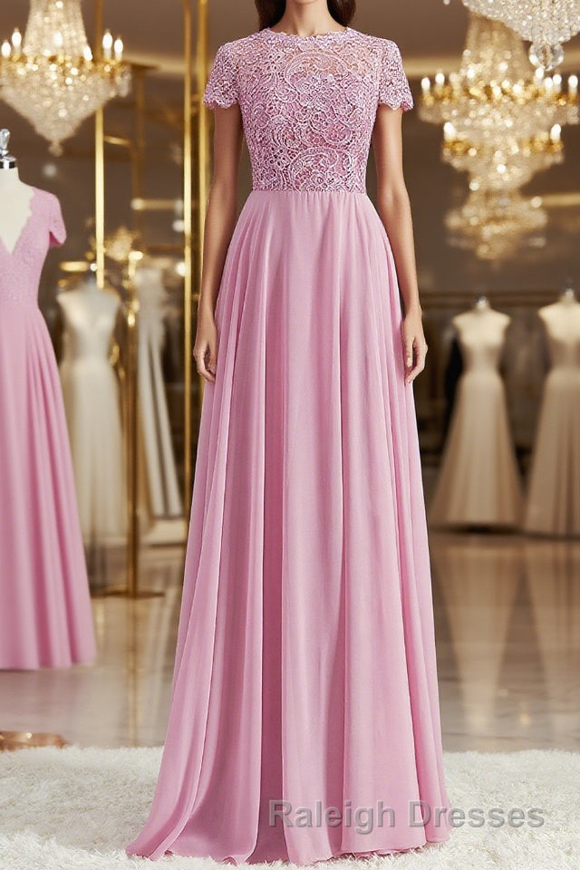 A-Line/Princess Scoop Floor-Length Chiffon Bridesmaid Dresses with Appliques Lace Main image