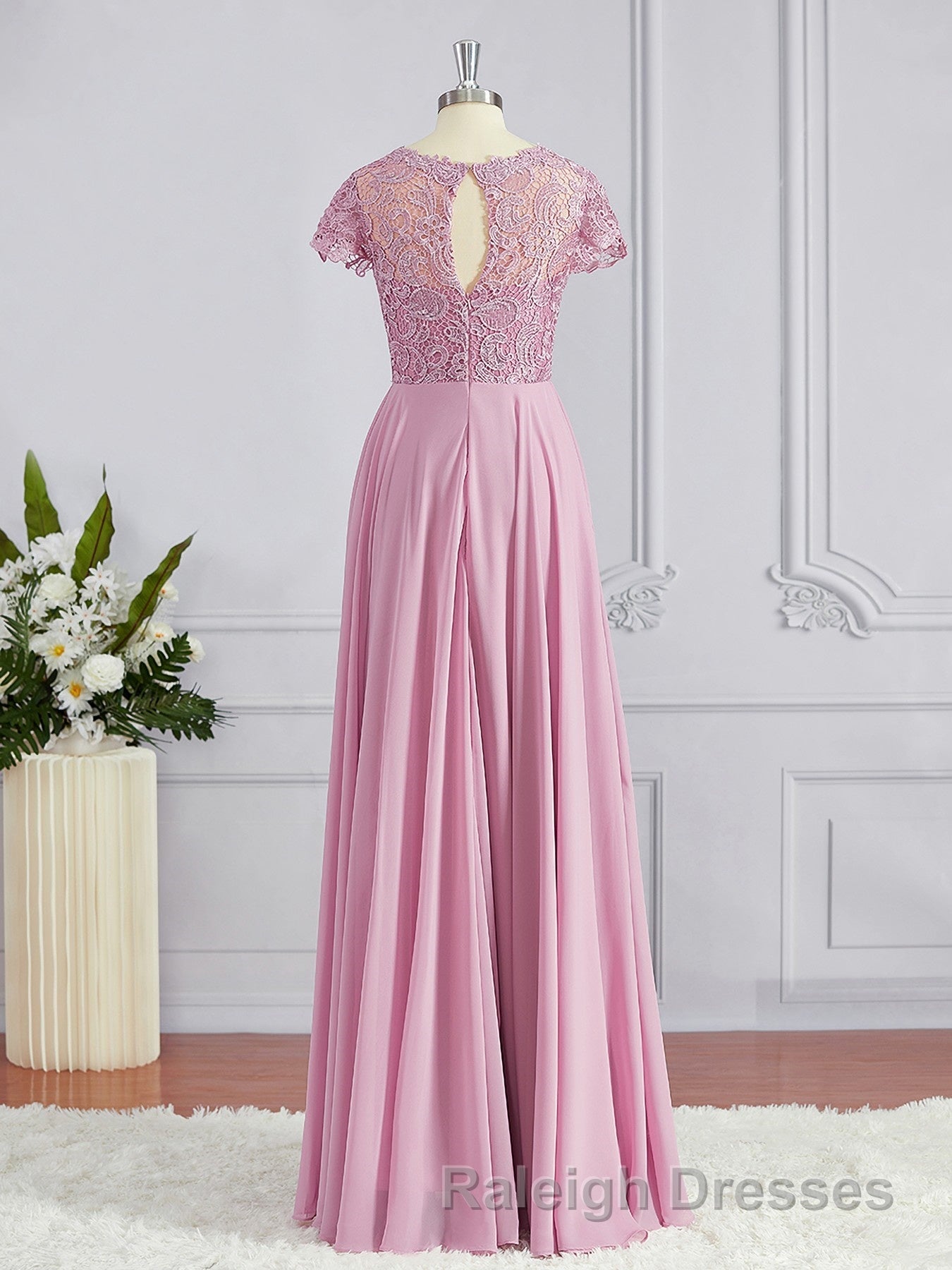 A Line Scoop Floor Length Chiffon Bridesmaid Dress with Appliques Lace