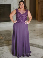A Line Scoop Floor Length Chiffon Mother of the Bride Dresses With Appliques Lace