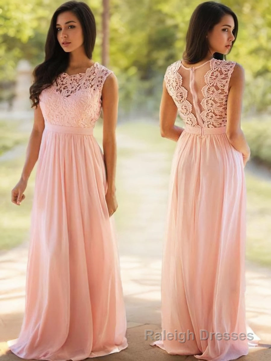 A Line Scoop Floor Length Chiffon Prom Dresses With Appliques Lace Main image