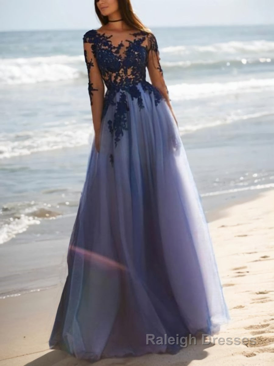 A-Line/Princess Scoop Floor-Length Tulle Evening Dresses With Appliques Lace Main image