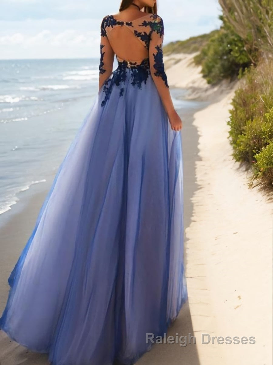 A Line Scoop Floor Length Tulle Prom Dresses With Appliques Lace