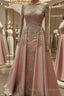 A-Line/Princess Scoop Floor-Length Tulle Evening Dresses With Appliques Lace
