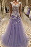 A-Line/Princess Scoop Floor-Length Tulle Evening Dresses With Appliques Lace