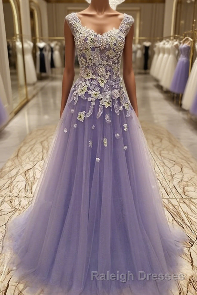 A Line Scoop Floor Length Tulle Prom Dress With Appliques Lace Main image