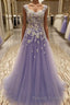 A Line Scoop Floor Length Tulle Prom Dress With Appliques Lace