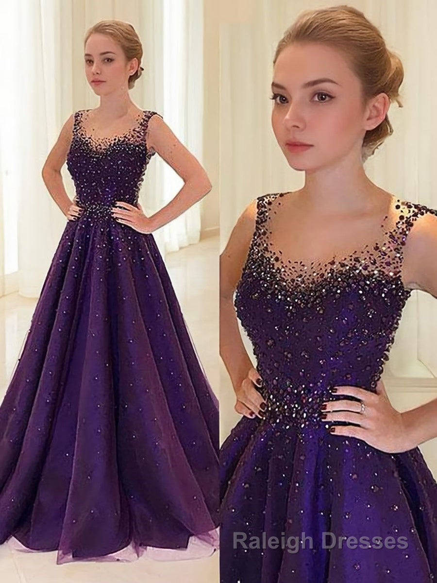 A-Line/Princess Scoop Floor-Length Tulle Prom Dresses With Beading Main image
