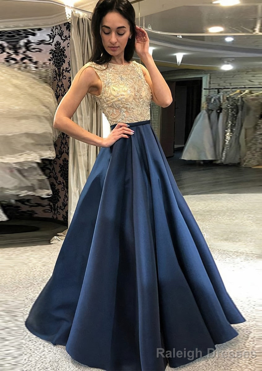 A-line/Princess Scoop Neck Sleeveless Long/Floor-Length Satin Prom Dresses With Beading Main image