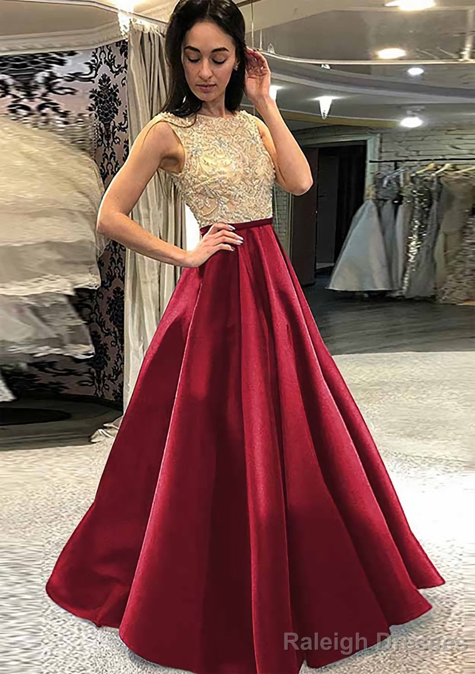 A Line Scoop Neck Sleeveless Long Dress Floor Length Satin Prom Dress With Beading
