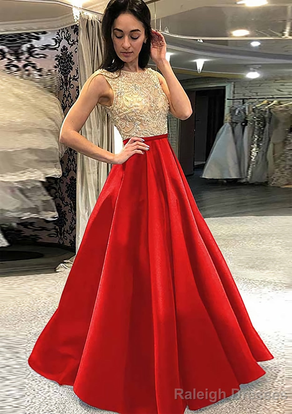A-line/Princess Scoop Neck Sleeveless Long/Floor-Length Satin Prom Dresses With Beading