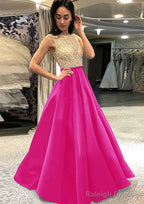 A Line Scoop Neck Sleeveless Long Dress Floor Length Satin Prom Dress With Beading