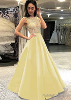 A Line Scoop Neck Sleeveless Long Dress Floor Length Satin Prom Dress With Beading