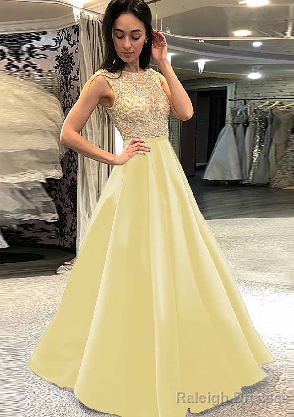 A Line Scoop Neck Sleeveless Long Dress Floor Length Satin Prom Dress With Beading