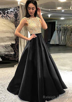 A Line Scoop Neck Sleeveless Long Dress Floor Length Satin Prom Dress With Beading