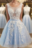 A-Line/Princess Scoop Short/Mini Tulle Homecoming Dresses With Appliques Lace