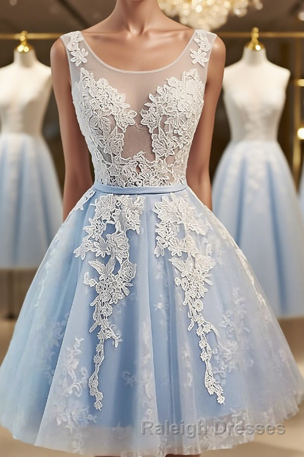 A Line Scoop Short Mini Tulle Homecoming Dress With Appliques Lace Main image