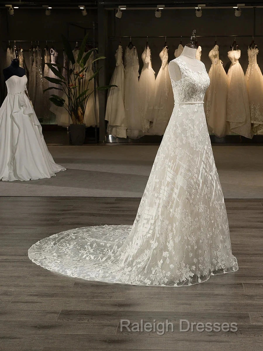 A-line Scoop Sleeveless Tulle Applique Covered Button Court Train Wedding Dress