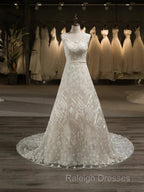 A-line Scoop Sleeveless Tulle Applique Covered Button Court Train Wedding Dress