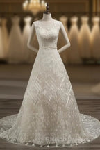 A-Line/Princess Scoop Sleeveless Tulle Applique Covered Button Court Train Wedding Dresses