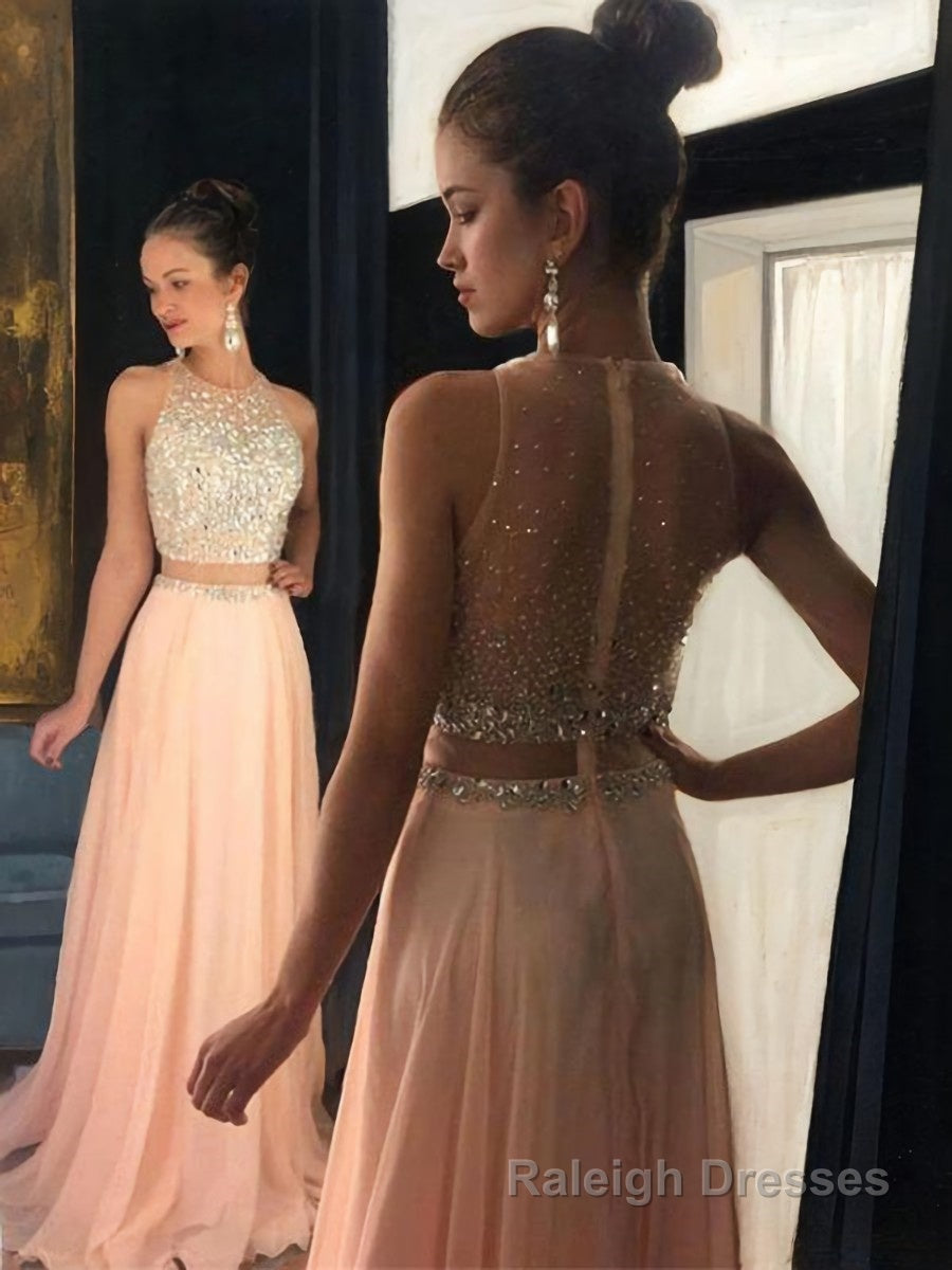 A Line Scoop Sweep Train Chiffon Prom Dresses With Beading