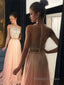 A Line Scoop Sweep Train Chiffon Prom Dresses With Beading