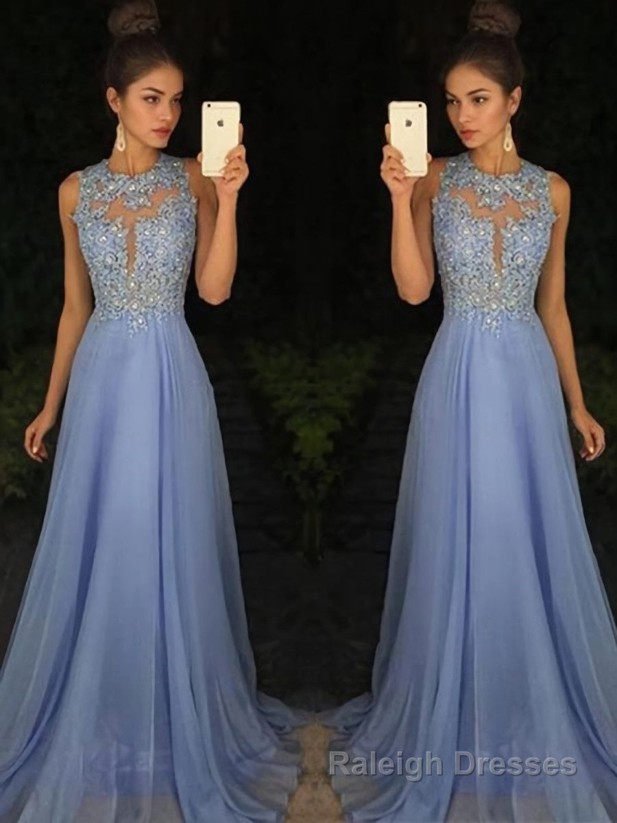 A-Line/Princess Scoop Sweep Train Chiffon Prom Dresses With Appliques Lace Main image