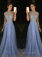 A-Line/Princess Scoop Sweep Train Chiffon Prom Dresses With Appliques Lace