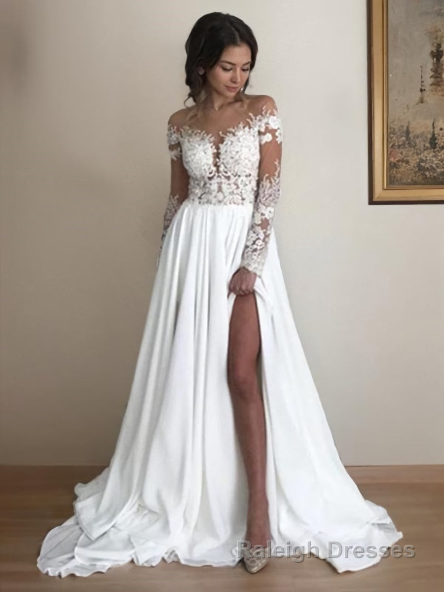 A Line Scoop Sweep Train Chiffon Wedding Dresses With Leg Slit Main image
