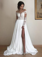 A Line Scoop Sweep Train Chiffon Wedding Dresses With Leg Slit