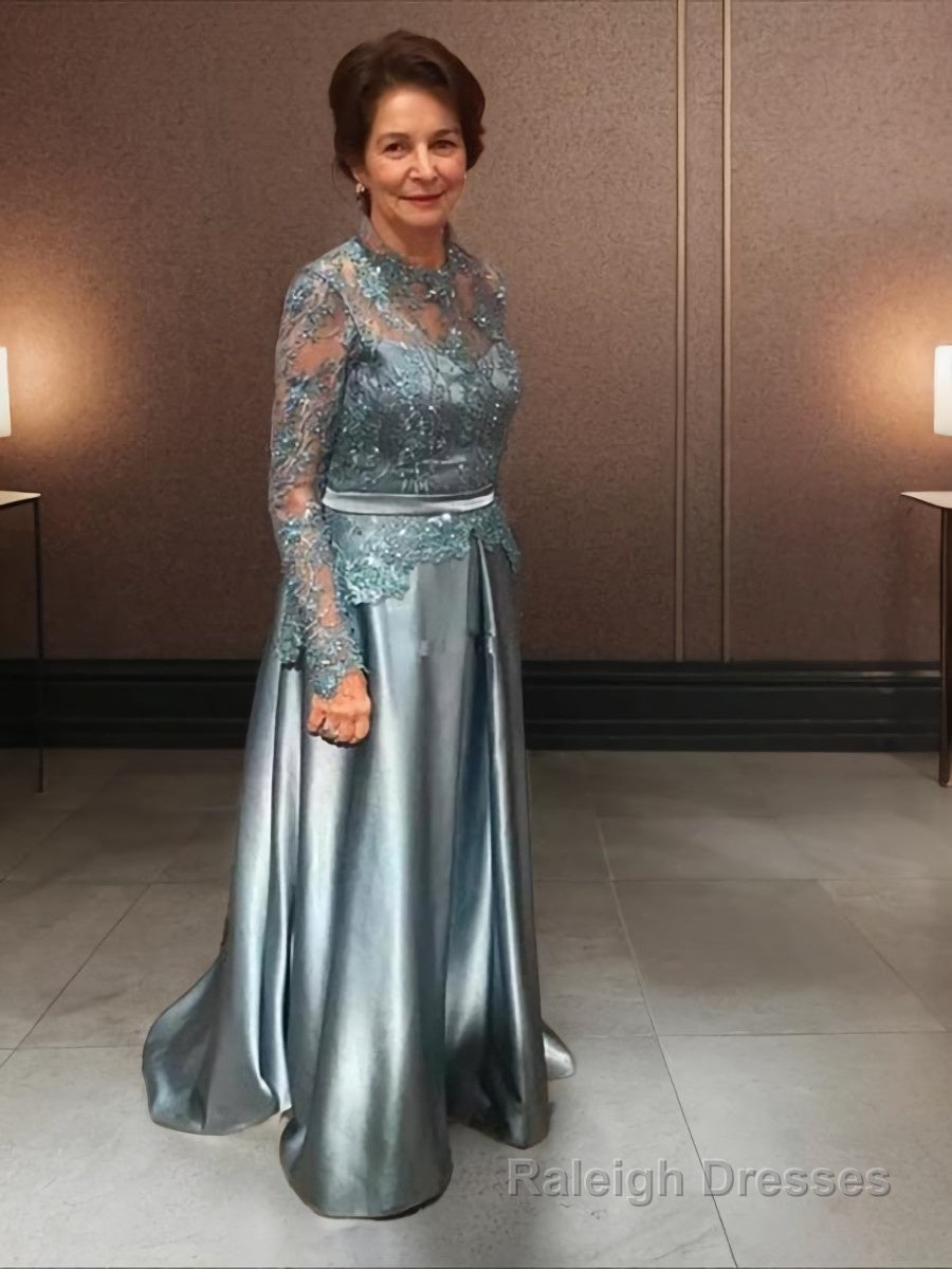 A-Line/Princess Scoop Sweep Train Elastic Woven Satin Mother of the Bride Dresses With Applique Main image