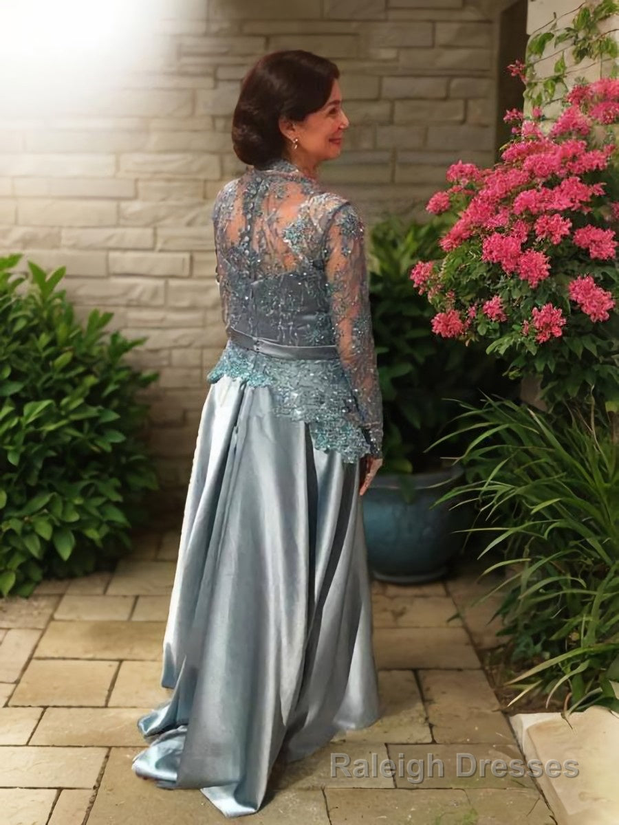 A-Line/Princess Scoop Sweep Train Elastic Woven Satin Mother of the Bride Dresses With Applique Secondary image