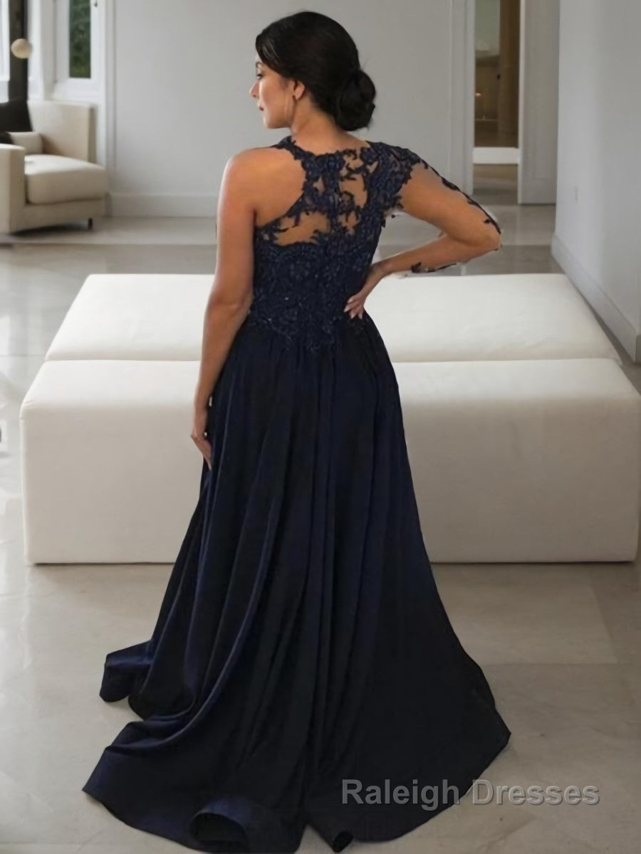 A-Line/Princess Scoop Sweep Train Satin Prom Dresses With Leg Slit Secondary image